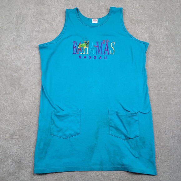 Dorsett Vintage Bahamas Nassau Tank Dress XXXL Teal Cotton Embroidered Turtle — photo 2